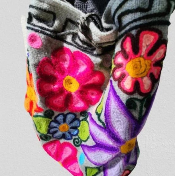 Handmade Embroidered Wool Backpack, Floral Appliq… - image 3