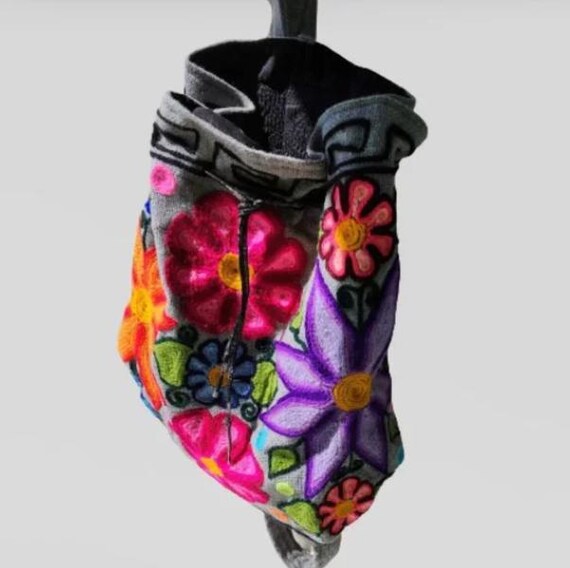 Handmade Embroidered Wool Backpack, Floral Appliq… - image 2