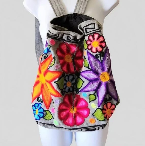 Handmade Embroidered Wool Backpack, Floral Appliq… - image 1