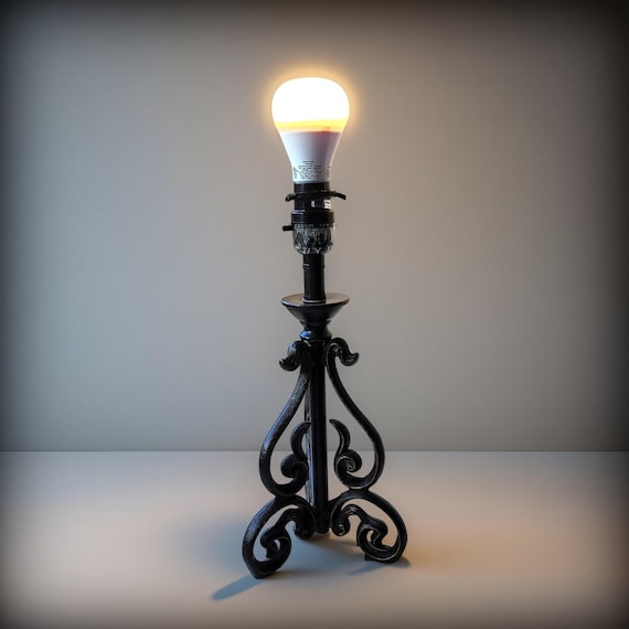 Wrought Iron Small Table Lamp Base, Black Metal Lamp, Vintage Hand Forged Bedside Lighting