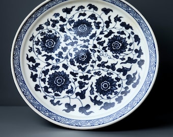 Blauwwitte porseleinen serveerschaal in Ming-stijl, schotel met lotusbloemen, 9,5 inch