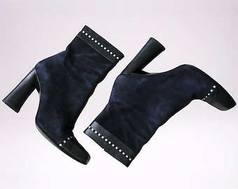 Vintage Lagerfeld Suede Ankle Boots, Black Leather Trim, Size 9M