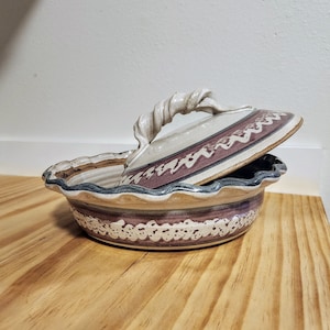 Vintage Large Ceramic Casserole Handmade Clay Cook Hot Pot, Glazed, Heavy Lid with decorative twisted handle, SIGNED by Artist