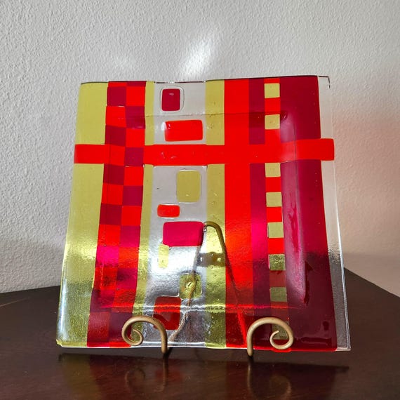 Mid-Century Modern Fused Glass Plate, Atomic Style Serving Platter, Red Yellow Clear