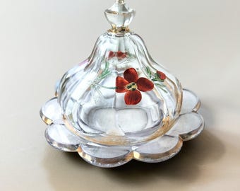 Floral Hand-Painted Glass Covered Dish, Vintage Butter or Cheese Server,  Scalloped Gilded Tableware.