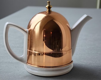 Vintage Korean White Ceramic Teapot, Copper Insulating Cover, Mid Century Modern, 4-Cup Capacity
