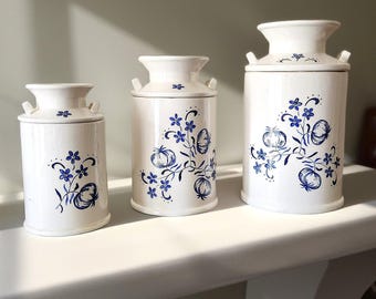 Vintage Ceramic Canister Set: Hand-Painted Blue Floral Kitchen Decor