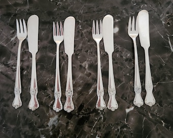 Antique Silverware Silver Plated Tea Dessert or Butter Forks Knives Serving Set, Ornate Floral Rose Design, 1930-50s