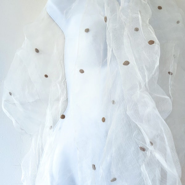 1990s SUMMER SHAWL/WRAP silk & wool polka dots. Featherweight. Wide and Long. White Transparent Scarf