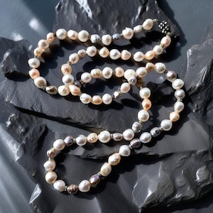 Real Freshwater Edison Nucleated High Luster Baroque Pearl Necklace, Cream, Blush, and Silver-White Pearl, 32&quot; Long Necklace, Strand, Gift