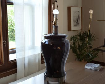 Sculptural Art Deco Revival 33" Tall Black Gloss Ceramic Table Lamp,  Statement Lighting
