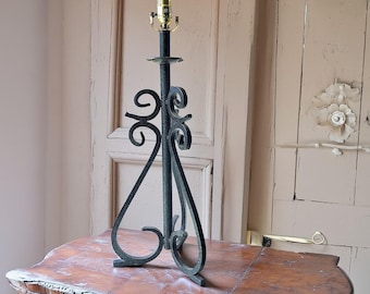 Wrought Iron 27" Tall Table Scroll Lamp Base, Black Metal Lamp, Vintage Hand Forged Bedside Lighting,