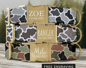 Duck Camo Dog Collar, Personalized Camo Dog Collar with Name, Custom Camouflage Dog Collar & Leash, Boy Dog Collar Set Adjustable SEC-023