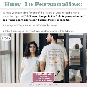May include: Two people wearing ivory-colored t-shirts. The front of the woman's shirt has a teal ribbon and the word "POTS". The back of the man's shirt displays a colorful "POTS Awareness Alphabet". The image includes text: "Customize with your own text or icons or add a name!"