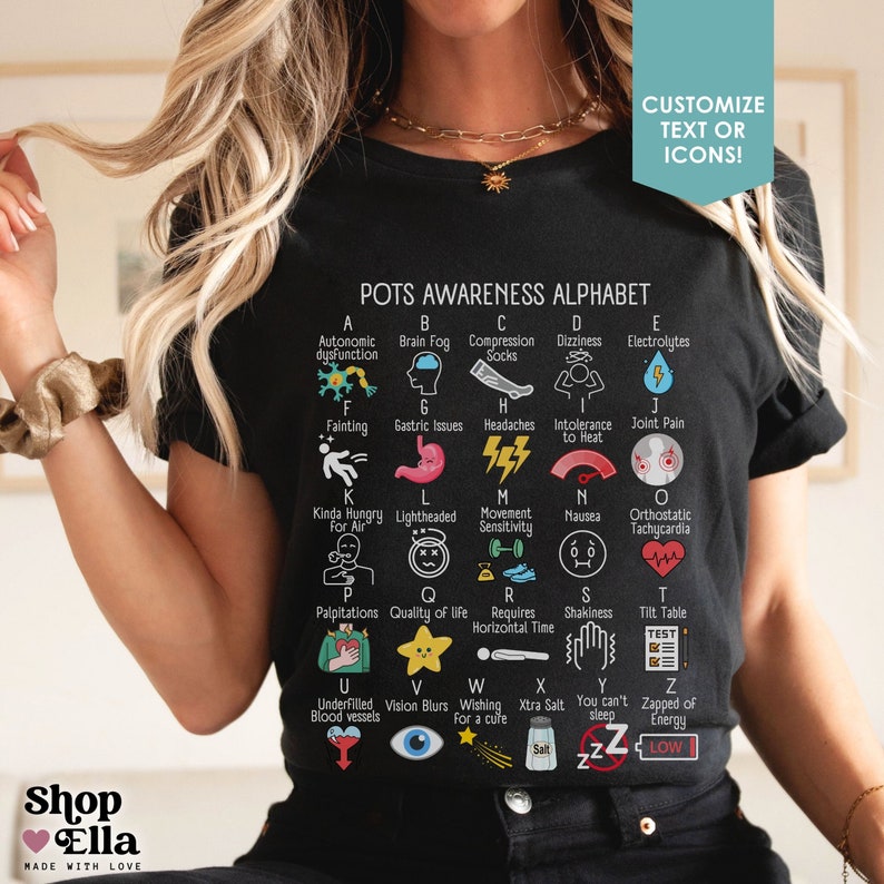 POTS Syndrome Alphabet Shirt Postural Orthostatic Tachycardia Syndrome T-Shirt Dysautonomia Awareness Tshirt Ehlers Danlos Dizzy Flare Day Black