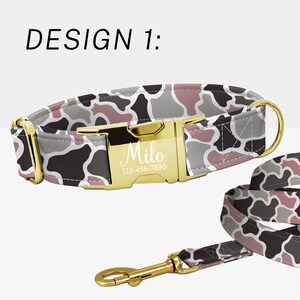 May include: A pet collar and leash set featuring a cow print pattern in shades of black, gray, and dusty pink. The collar has a gold-toned metal buckle engraved with the name Milo and the phone number 123-456-7890. The text DESIGN 1: is visible.