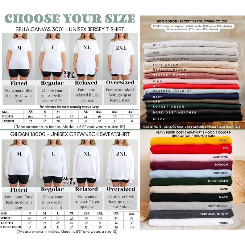 May include: Size chart for Bella Canvas 3001 unisex jersey t-shirts and Gildan 18000 unisex crewneck sweatshirts. The chart shows the measurements in inches for each size, from XS to 4XL. The chart also includes a note about the model's height and the size they are wearing. The chart also includes a list of colors available for the sweatshirts, including gold, red, light pink, maroon, light blue, forest green, sand, black, heather grey, dark heather grey, and white.