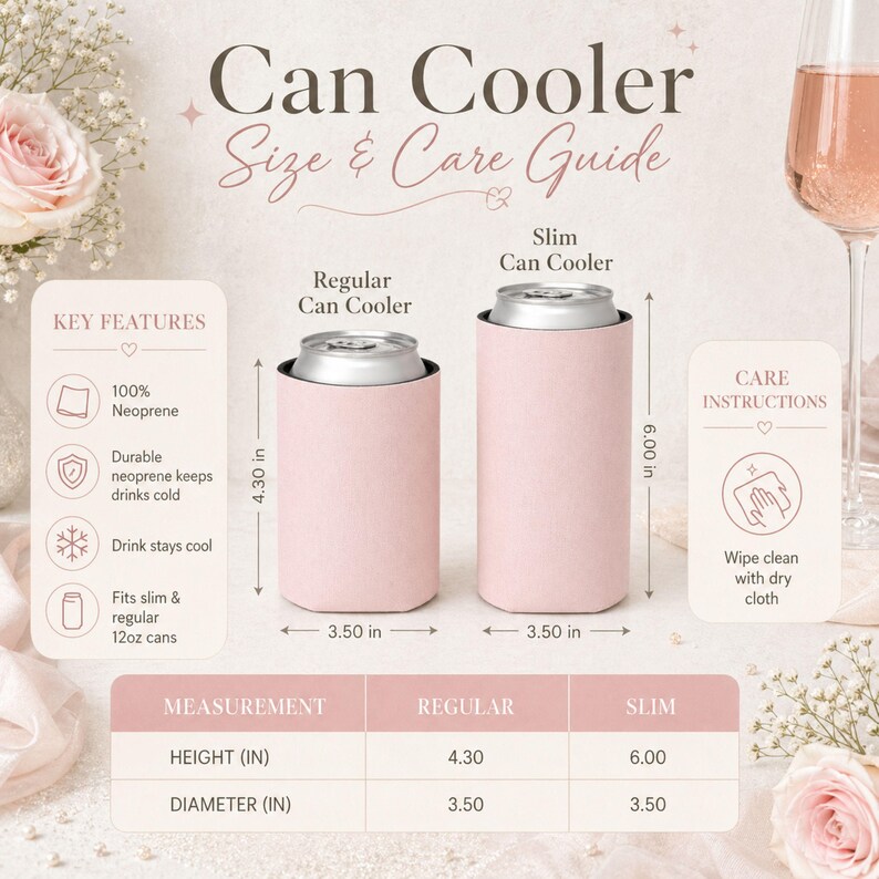 May include: Pink can coolers, one regular and one slim, with measurements in inches. The image includes text: "Can Cooler Size & Care Guide." Key features include 100% neoprene, durable, keeps drinks cold, and fits slim and regular 12oz cans.