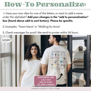 May include: A white t-shirt with a design on the back that says "Epilepsy Awareness Alphabet" and includes a variety of icons. The text "Customize with your own text or icons Or add a name!" is on a pink rectangle with a white arrow pointing to the t-shirt.
