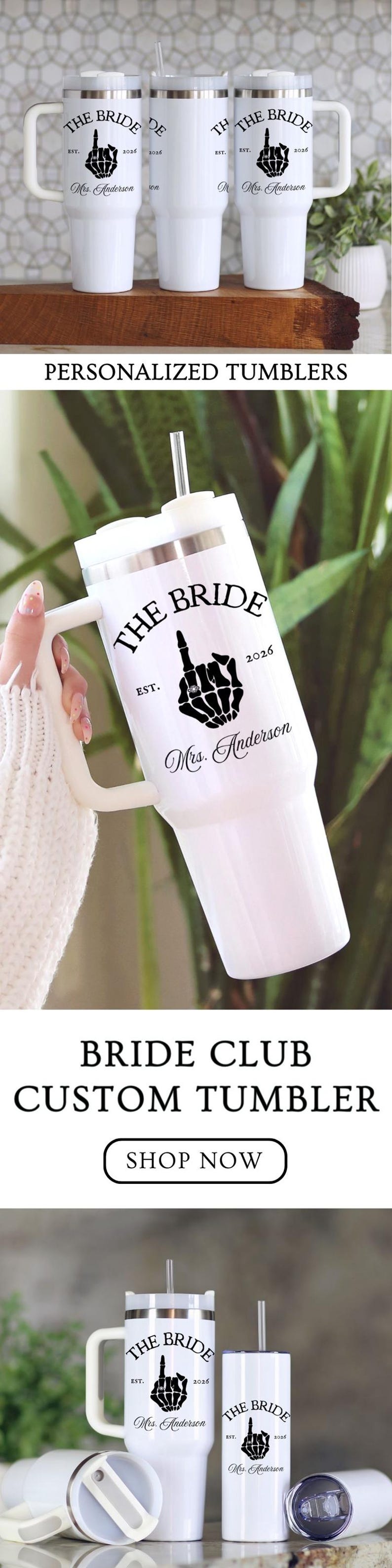 Custom New Bride Personalized Future Mrs Last Name & Wedding Date Skeleton Hand with ring 40oz Tumbler