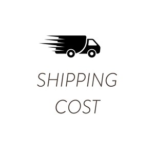 May include: A black silhouette of a speeding delivery truck with motion lines above the text "SHIPPING COST" in a simple, sans-serif font. The text "COST" is below "SHIPPING". The background is plain white.
