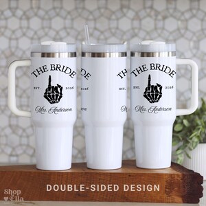 Custom New Bride Personalized Future Mrs Last Name & Wedding Date Skeleton Hand with ring 40oz Tumbler