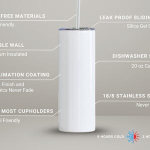 May include: A white, double-walled, stainless steel tumbler with a leak-proof sliding lid. Features include a sublimation coating with a gloss finish, 20 oz capacity, and is dishwasher safe. Keeps drinks cold for 9 hours and hot for 3 hours.
