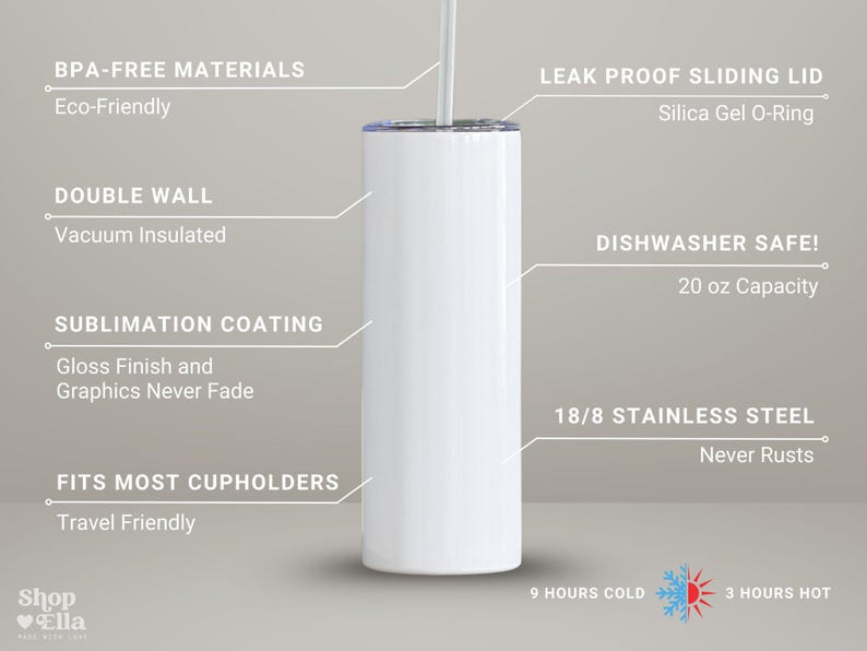 May include: A white, double-walled, stainless steel tumbler with a leak-proof sliding lid. Features include a sublimation coating with a gloss finish, 20 oz capacity, and is dishwasher safe. Keeps drinks cold for 9 hours and hot for 3 hours.