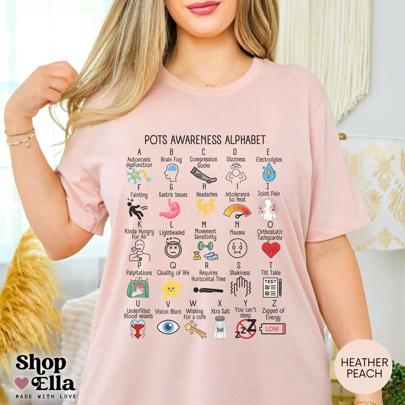 POTS Syndrome Alphabet Shirt Postural Orthostatic Tachycardia Syndrome T-Shirt Dysautonomia Awareness Tshirt Ehlers Danlos Dizzy Flare Day Heather Peach