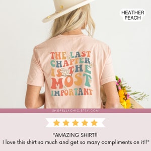 Custom hospice nurse shirt on heather peach bella canvas t-shirt "the last chapter is the most important" on back and "hospice nurse" on front. retro wavy rainbow style.