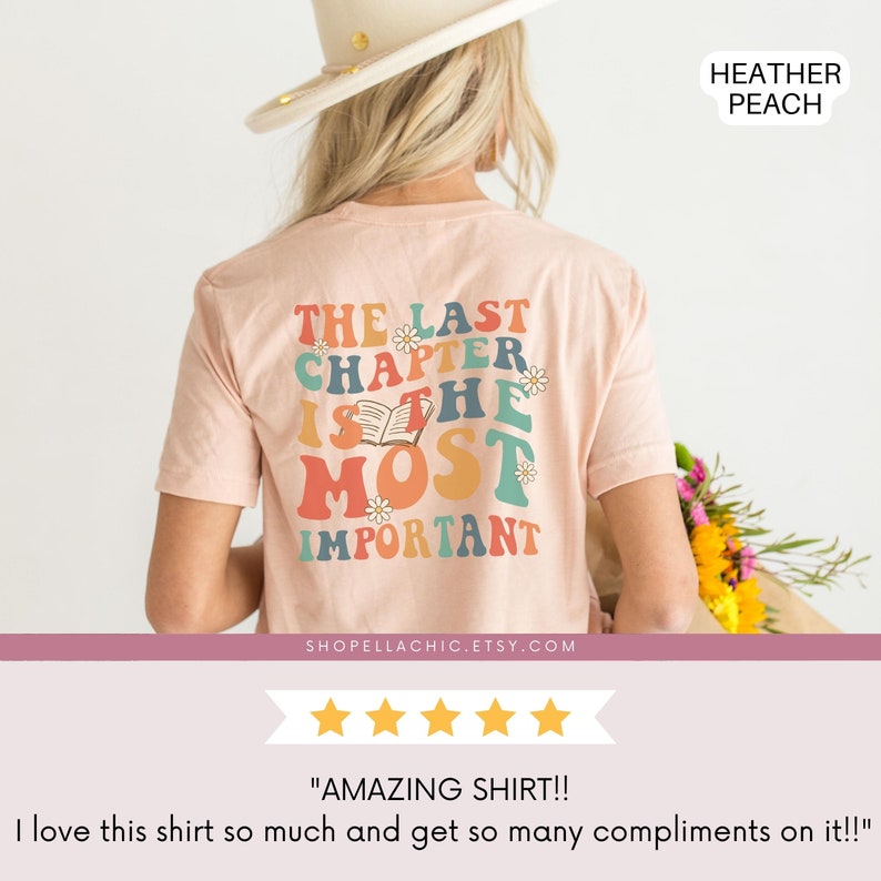 Custom hospice nurse shirt on heather peach bella canvas t-shirt "the last chapter is the most important" on back and "hospice nurse" on front. retro wavy rainbow style.