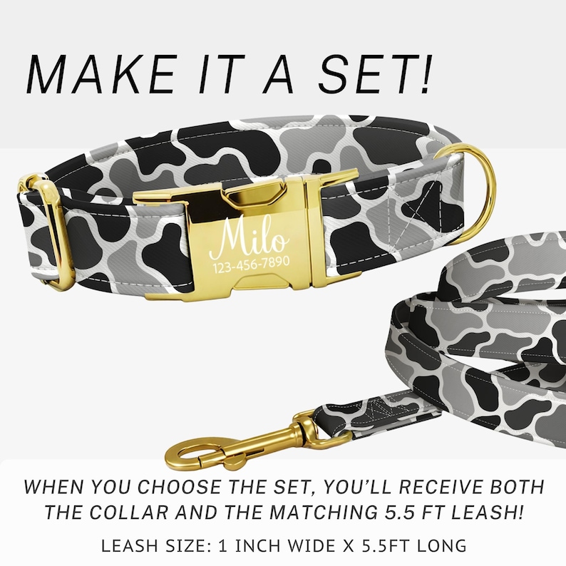 May include: A pet collar and matching 5.5 ft leash set featuring a black, white, and gray cow print pattern. The collar has a gold-tone metal buckle engraved with the name Milo and the phone number 123-456-7890, with gold hardware throughout.