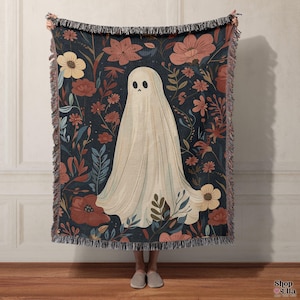 Ghost Woven Blanket Whimsigoth Throw Halloween Decor Indoor Floral Goth Woven Tapestry Gothic Home Dark Academia Cottagecore Blanket Spooky