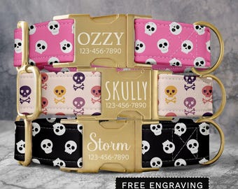 Pink Skull Dog Collar Personalized Cute Skull Dog Collar with Name Custom Dog Collar & Leash Dog Collar Adjustable Girl Dog Collar SEC-064