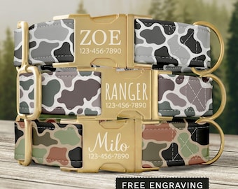 Duck Camo Dog Collar, Personalized Camo Dog Collar with Name, Custom Camouflage Dog Collar & Leash, Boy Dog Collar Set Adjustable SEC-023
