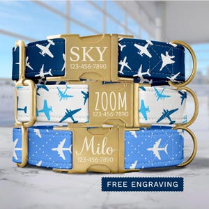Airplane Dog Collar Personalized Aviation Dog Collar with Name Custom Jet Dog Collar & Leash Boy Dog Collar Adjustable Blue Collar SEC-056