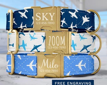 Airplane Dog Collar Personalized Aviation Dog Collar with Name Custom Jet Dog Collar & Leash Boy Dog Collar Adjustable Blue Collar SEC-056