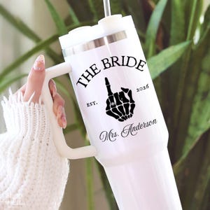Custom New Bride Personalized Future Mrs Last Name & Wedding Date Skeleton Hand with ring 40oz Tumbler