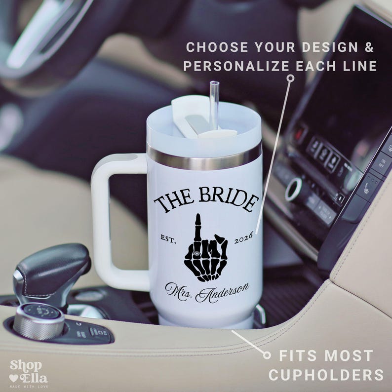 Custom New Bride Personalized Future Mrs Last Name & Wedding Date Skeleton Hand with ring 40oz Tumbler