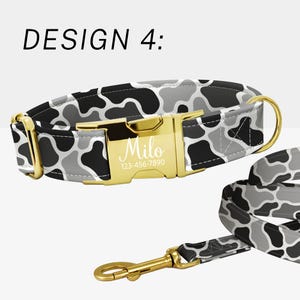 May include: A dog collar and leash set with a black, white, and gray camouflage pattern. The gold-colored buckle on the collar is engraved with the name "Milo" and a phone number. The text "DESIGN 4:" is at the top.