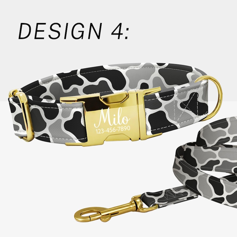 May include: A dog collar and leash set with a black, white, and gray camouflage pattern. The gold-colored buckle on the collar is engraved with the name "Milo" and a phone number. The text "DESIGN 4:" is at the top.