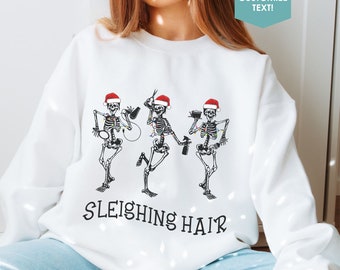 Christmas Hairstylist Sweatshirt Xmas Hairdresser Shirt Holiday Hair Salon Owner Gift Hair Stylist Hoodie Santa Skeleton Cosmetology Tee