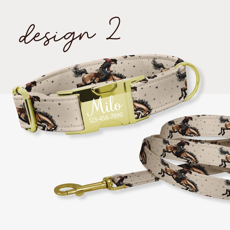 May include: Tan dog collar and leash set with a repeating pattern of a cowboy riding a horse. The collar has a gold-colored buckle with the name "Milo" and a phone number. The words "design 2" are written in brown script.