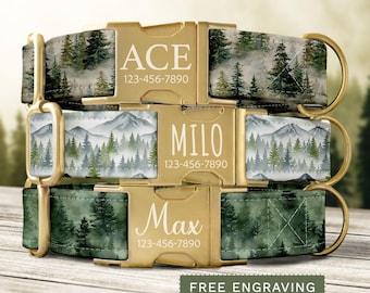 Mountain Dog Collar Personalized Forest Dog Collar with Name Custom Outdoor Adventure Dog Collar & Leash PNW Dog Collar Set Boy Dog SEC-003