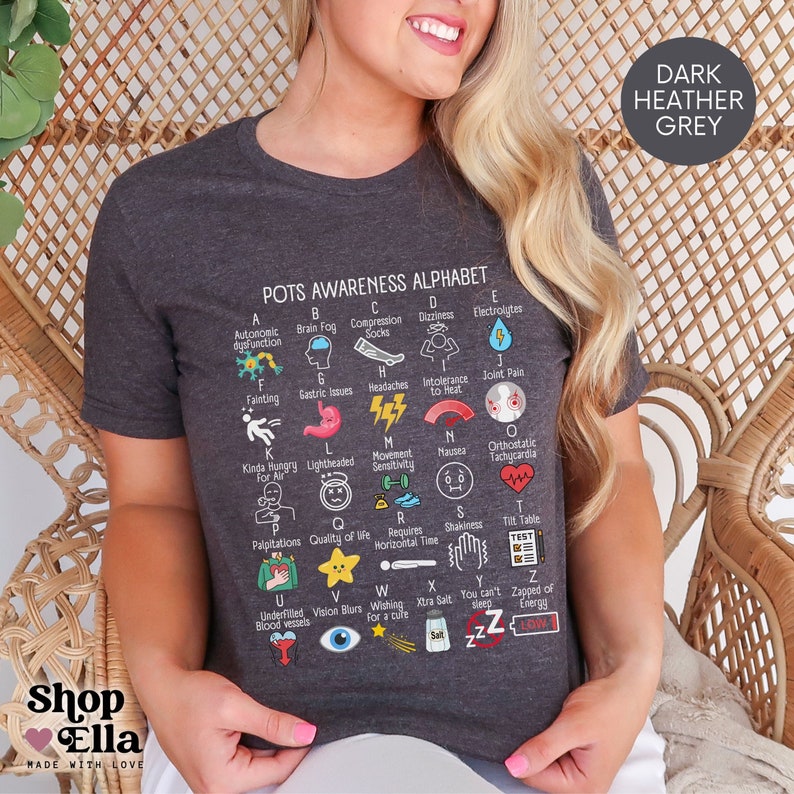 POTS Syndrome Alphabet Shirt Postural Orthostatic Tachycardia Syndrome T-Shirt Dysautonomia Awareness Tshirt Ehlers Danlos Dizzy Flare Day Dark Heather