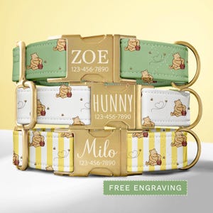 Classic Bear Honey Bee Dog Collar Personalized Vintage Bear Dog Collar Engraved Name Custom Pooh Dog Collar & Leash Dog Collar Set SEC-001