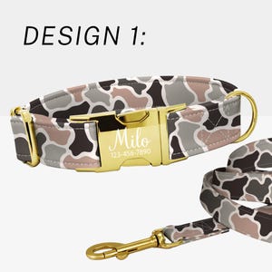 May include: Camouflage-patterned dog collar and leash set. The collar features a gold-colored buckle engraved with the name "Milo" and a phone number. The leash and collar have a pattern of gray, brown, and black shapes.