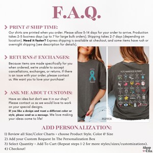 May include: A dark gray t-shirt with a teal ribbon and the text "POTS Awareness" on the front. The back of the shirt features an alphabet with medical symbols. The image also includes the text "F.A.Q." and instructions for personalization.