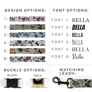 May include: A product customization chart displaying six cow print patterns in various color combinations, six font styles labeled BELLA, and two buckle options in black and gold. A matching leash with a black metal clip is also shown.