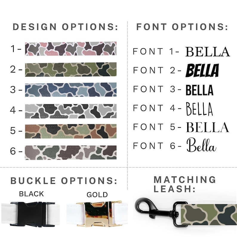 May include: A product customization chart displaying six cow print patterns in various color combinations, six font styles labeled BELLA, and two buckle options in black and gold. A matching leash with a black metal clip is also shown.
